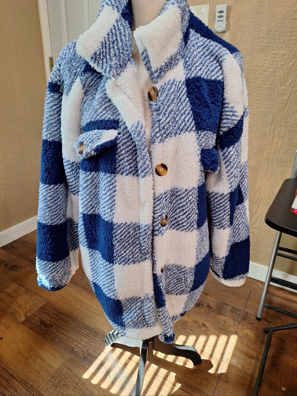 Blue and White Plush Checkered Shacket-NWOT